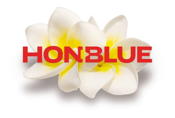 Hawaii HONBLUE logo over plumeria