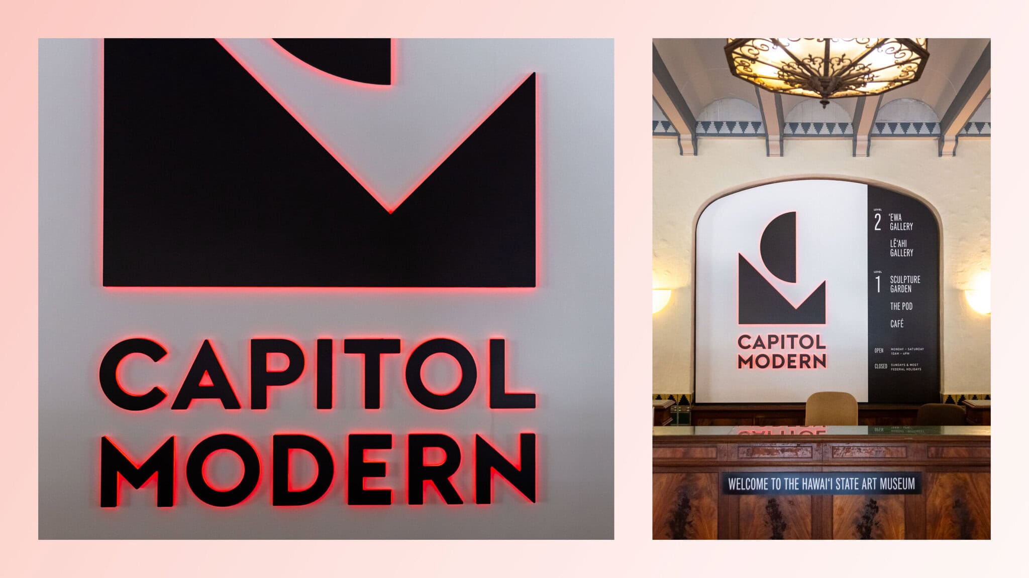 Capitol Modern Hawaii State Art Museum 7 foot LED lit sign custom fabricated to fit perfectly in niche behind reception desk iconic first impression for visitors