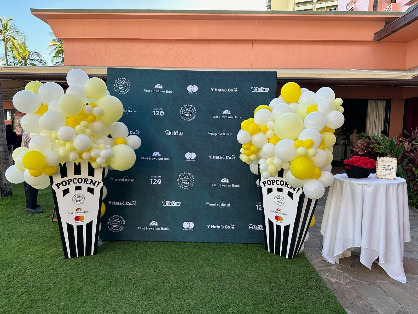 Hale Aina Awards 2024 custom built 3D foam core popcorn boxes to hold balloon popcorns cost effective event display by HONBLUE