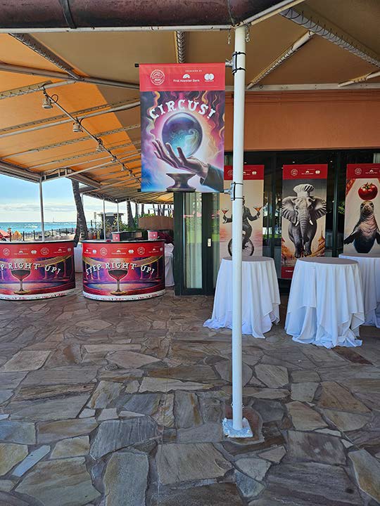 Hale Aina Awards 2024 double-sided printed pole banners placed strategically throughout event space by HONBLUE