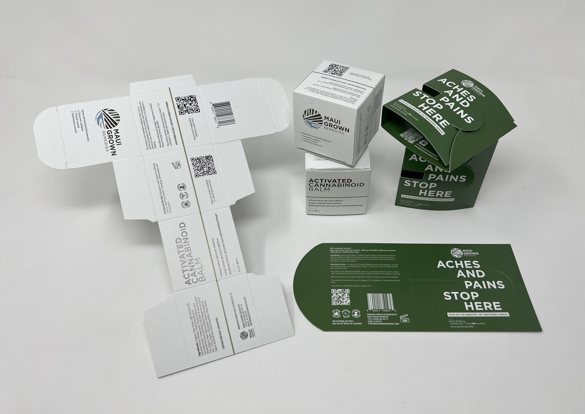 Maui Grown Remedies Nano Gel and Activated Cannabinoid Balm custom packaging printed offset CMYK on 130lb Pacesetter Silk Cover and 18pt C1S paper by HONBLUE