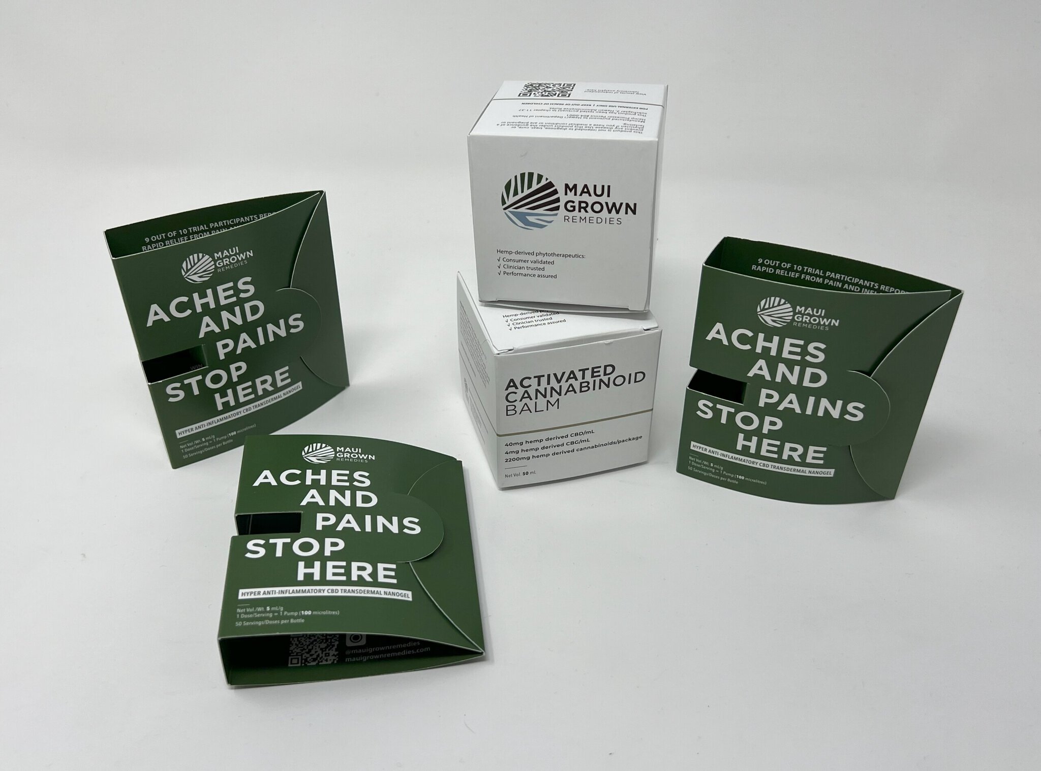 Maui Grown Remedies Nano Gel and Activated Cannabinoid Balm custom packaging final product assembled offset CMYK printing by HONBLUE