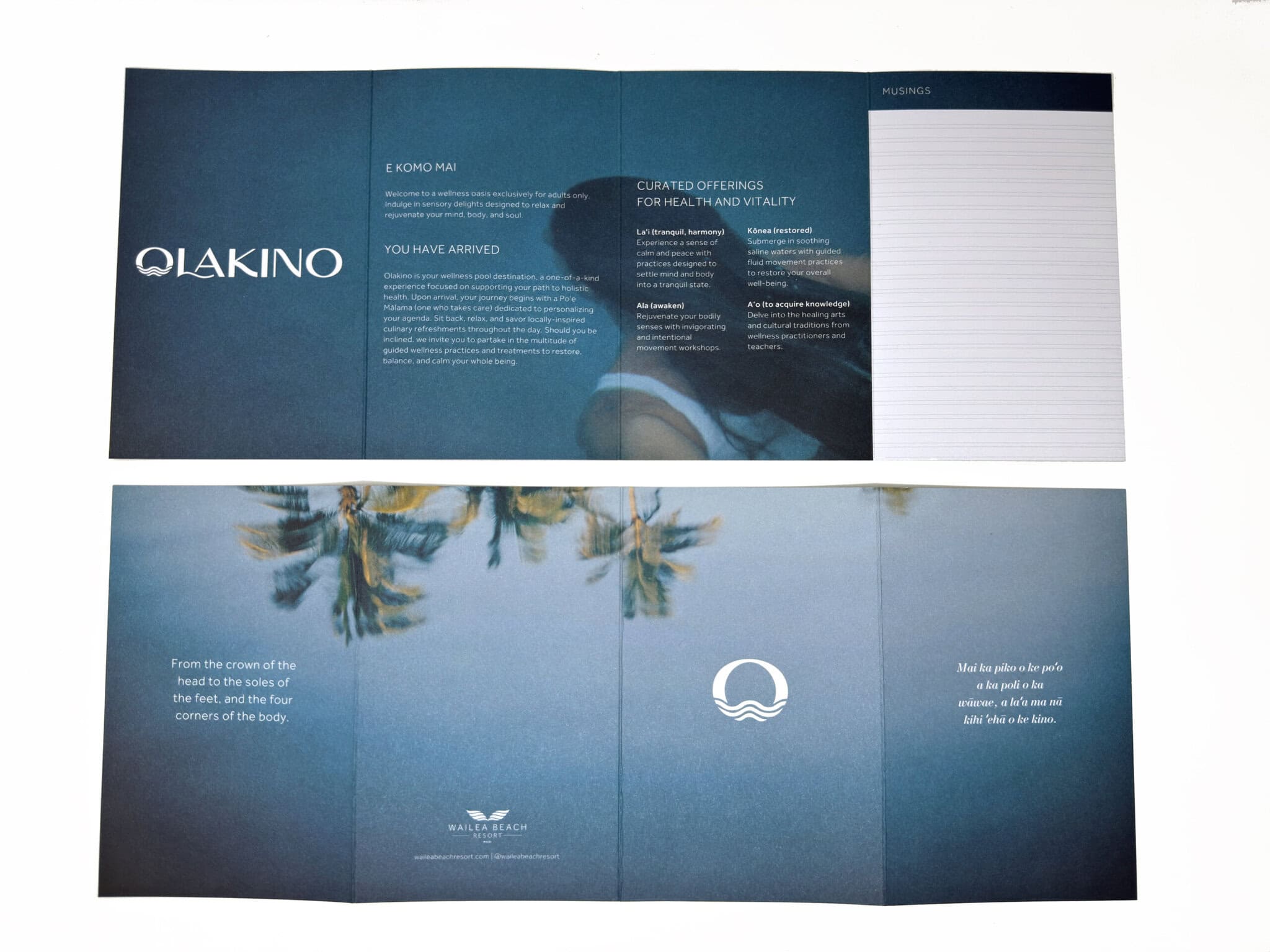 Wailea Beach Resort Olakino wellness pool launch brochure printed on Heidelberg Offset Press on 100lb Cougar Cover by HONBLUE