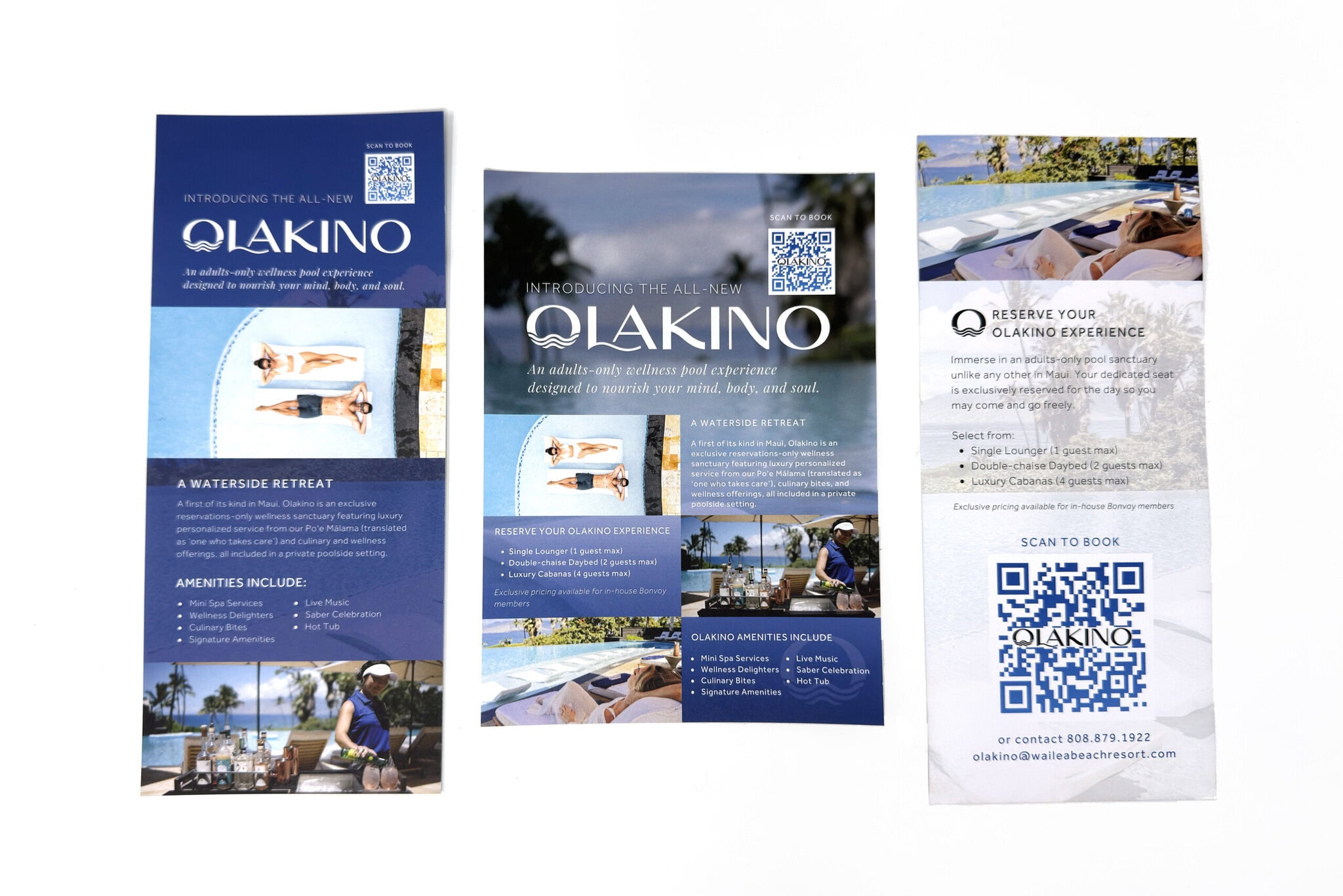 Wailea Beach Resort Olakino wellness pool launch 5x7 inch Concierge flyer and Front Desk rack card printed on J Press on 80lb Cougar Cover by HONBLUE